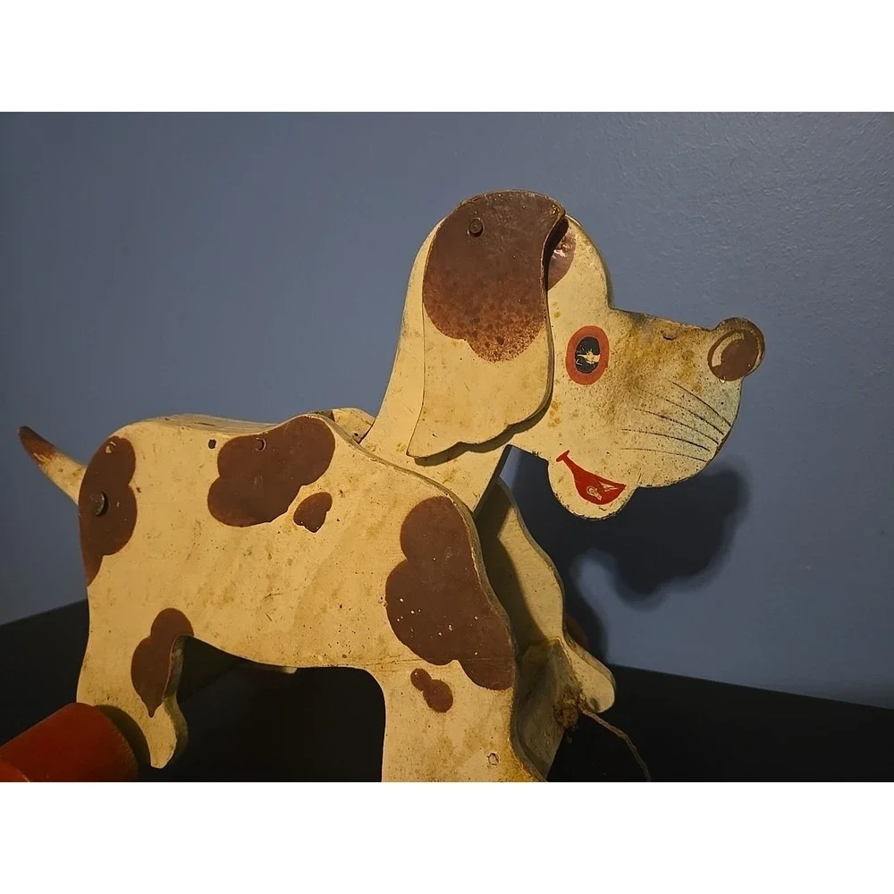 Vintage‎ Antique Playful Dog Pup Pull Toy Dog Wagging Moving Tail And Ears
